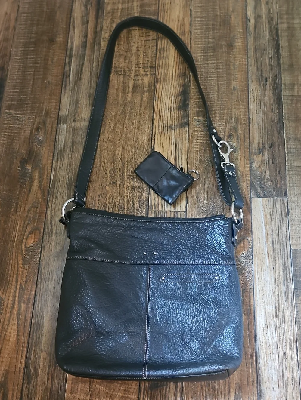 Stone Mountain Black Pebbled Leather Hobo Crossbody Bag with Dual Front‎ Pockets